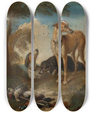 Triptych art skateboard deck of Circle Of Frans Snyders Three Hunting Dogs In A Landscape by Circle Of Frans Snyders (1579-1657)