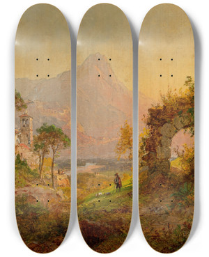 Triptych art skateboard deck of Jasper Francis Cropsey Villa Deste Tivoli by Jasper Francis Cropsey (1823-1900)