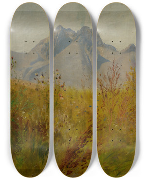 Triptych art skateboard deck of Ladislav Mednynszky Lomnick Peak by Ladislav Mednyanszky (1852-1919)