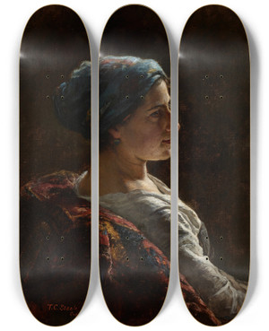 Triptych art skateboard deck of Theodore Clement Steele The Munich Model by Theodore Clement Steele (1847-1926)