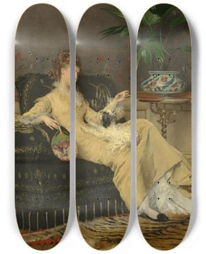 Triptych art skateboard deck of Gustave Lonard De Jonghe Woman In Yellow by Gustave Leonard De Jonghe (1829-1893)