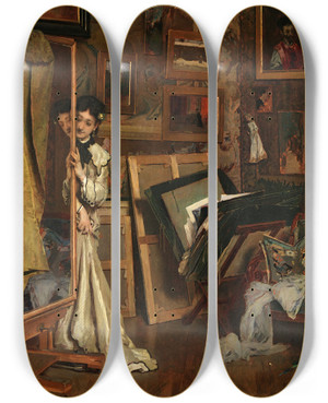 Triptych art skateboard deck of Alfred Stevens The Psych My Studio by Alfred Stevens (1817-1875)