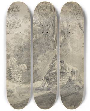 Triptych art skateboard deck of Thomas Gainsborough Wooded Landscape With Figures_2 by Thomas Gainsborough (1727-1788)