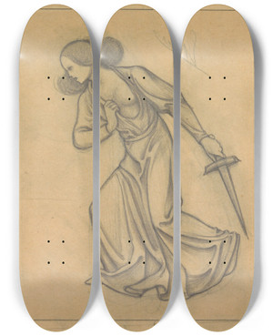 Triptych art skateboard deck of Antoon Derkinderen Ontwerp Voor Wandschildering In De Beurs Van Berlage Staande Vrouw Met Getrokken Zwaard by Antoon Derkinderen (1859-1925)