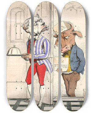 Triptych art skateboard deck of Charles Henry Bennett The Dog In The Manger by Charles H Bennett (1828-1867)