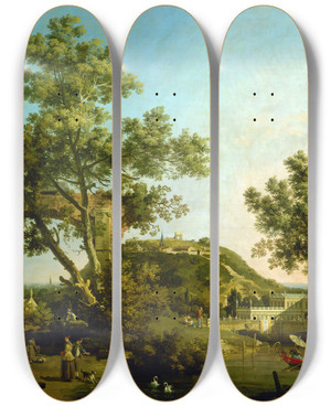 Triptych art skateboard deck of Canaletto English Landscape Capriccio With A Palace by Canaletto (1697-1768)