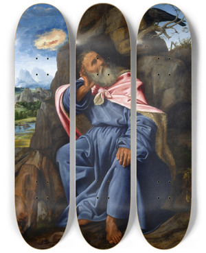 Triptych art skateboard deck of Giovanni Girolamo Savoldo Elijah Fed By The Raven by Giovanni Girolamo Savoldo (1485-1548)