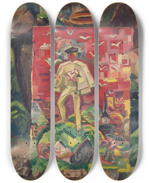 Triptych art skateboard deck of Arnold Peter Weiszkubnan Symbolic Figure Of A Man In A Folk Costume by Arnold Peter Weisz-Kubnan (1898-1944)