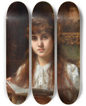 Triptych art skateboard deck of Alexei Harlamoff Lesendes Mdchen by Alexei Harlamoff (1840-1925)