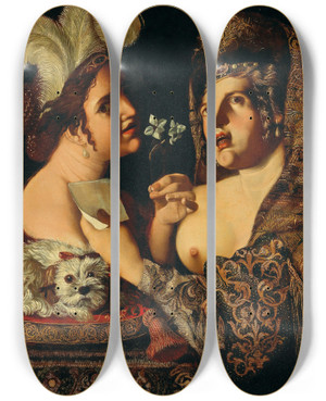 Triptych art skateboard deck of Pseudo Caroselli An Allegory Of The Sense Of Smell And Hearing by Pseudo Caroselli (17-)
