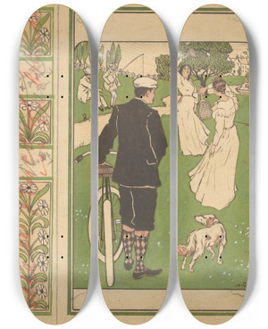 Triptych art skateboard deck of Johann Georg Van Caspel Bandontwerp Met Man Met Fiets En Badmintonspelers by Johann Georg Van Caspel (1870-1928)
