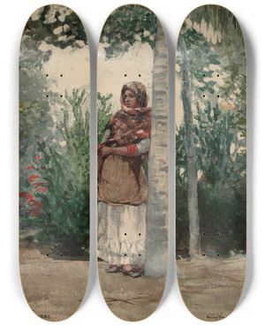 Triptych art skateboard deck of Winslow Homer Under A Palm Tree by Winslow Homer (1836-1910)