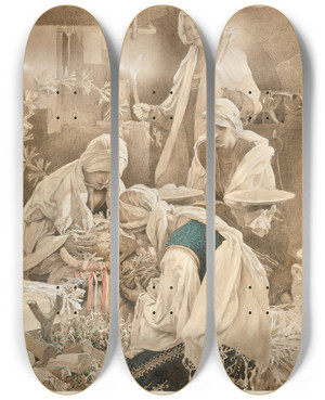 Triptych art skateboard deck of Alfonse Mucha Maslenitsa Effigy by Alphonse Mucha