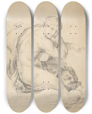 Triptych art skateboard deck of Gyula Benczr Woman With A Dolphin_1 by Gyula Benczur (1844-1920)