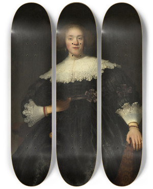 Triptych art skateboard deck of Rembrandt Van Rijn Portrait Of A Young Woman With A Fan by Rembrandt Van Rijn (1606-1669) Triptych art skateboard deck of Rembrandt Van Rijn Portrait Of A Young Woman With A Fan by Rembrandt Van Rijn (1606-1669)