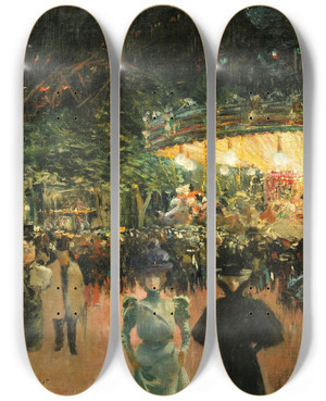 Triptych art skateboard deck of Louis Abeltruchet Fairground Place Pigalle by Louis Abel-Truchet (1857-1918)