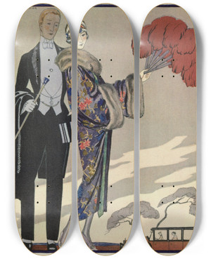 Triptych art skateboard deck of George Barbier Evening Attire_1 by George Barbier (1882-1932)