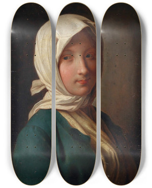 Triptych art skateboard deck of Pietro Rotari A Girl In A Blue Jacket And White Headscarf by Pietro Rotari (1707-1762)