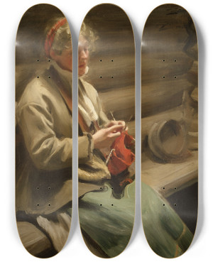 Triptych art skateboard deck of Anders Zorn Dalecarlian Girl Knitting Cabbage Margit by Anders Zorn (1860-1920)