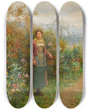 Triptych art skateboard deck of Daniel Ridgway Knight A Moments Pause by Daniel Ridgway Knight (1839-1924)