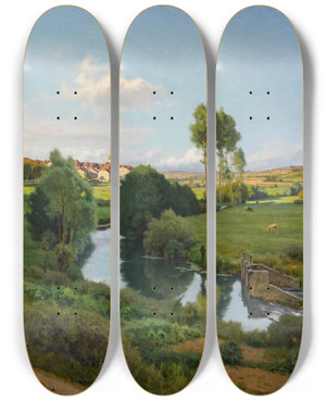 Triptych art skateboard deck of Jean Ferdinand Monchablon La Saone Au Bas De Lironcourt Vosges by Jean Ferdinand Monchablon (1855-1904)