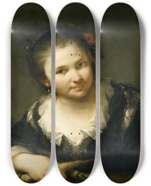 Triptych art skateboard deck of Giuseppe Nogari Girl With Vegetables by Giuseppe Nogari (1699-1766)