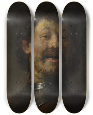 Triptych art skateboard deck of Rembrandt Van Rijn The Laughing Man by Rembrandt Van Rijn (1606-1669)