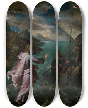 Triptych art skateboard deck of Denis Calvart Christus Wandelt Auf Dem Meere by Denis Calvart