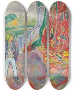 Triptych art skateboard deck of Edvard Munch Woman By The Veranda Step by Edvard Munch (1863-1944)