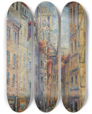 Triptych art skateboard deck of Gustave Loiseau Rouen Rue Avec Lglise by Gustave Loiseau (1865-1935)