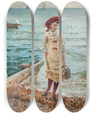Triptych art skateboard deck of Robert Ponsonby Staples At The Seaside by Robert Ponsonby Staples (1853-1943)
