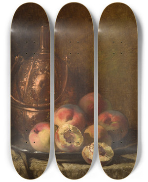 Triptych art skateboard deck of Pierremarie Beyle Still Life With Vessel And Peaches by Pierre-Marie Beyle (1837-1902)