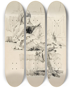 Triptych art skateboard deck of Albert Edelfelt Study Good Friends by Albert Edelfelt (1854-1905)