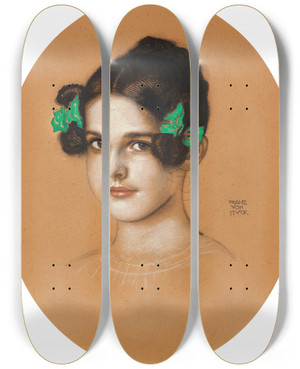 Triptych art skateboard deck of Franz Von Stuck Bildnis Der Tochter Mary Mit Grnen Schleifen_2 by Franz Von Stuck (1863-1928)