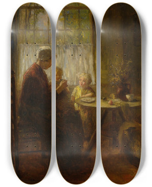 Triptych art skateboard deck of Bernard De Hoog Mother Feeding Her Child by Bernard de Hoog (1867-1943)