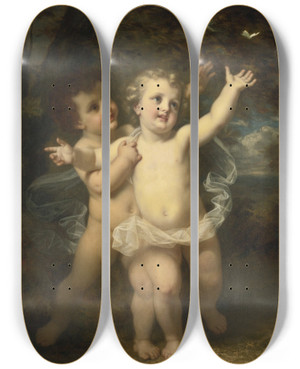 Triptych art skateboard deck of Hugues Merle The Butterfly by Hugues Merle (1823-1881)