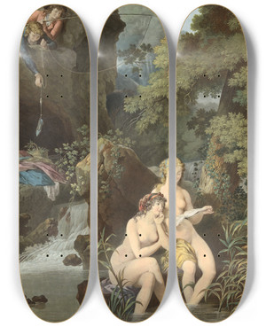 Triptych art skateboard deck of Charlesmelchior Descourtis The Pranksters Les Espigles by Charles-Melchior Descourtis (1753-1820)
