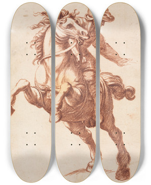 Triptych art skateboard deck of Antonio Tempesta Rearing Horse And Rider_2 by Antonio Tempesta (1555-1630)