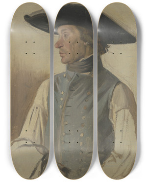 Triptych art skateboard deck of Jakob Becker Bauer Mit Groem Hut Und Blauer Weste_2 by Jakob Becker (1810-1872)