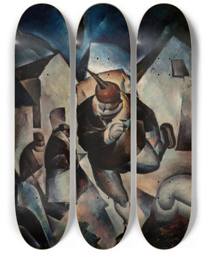 Triptych art skateboard deck of Thomas Duncan Benrimo Running Man by Thomas Duncan Benrimo (1887-1958)