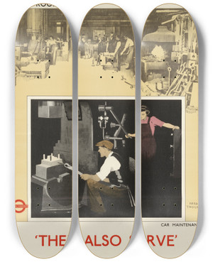 Triptych art skateboard deck of Fred Taylor Back Room Boys They Also Serve Car Maintenance by Fred Taylor (1875-1963)