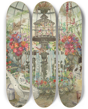Triptych art skateboard deck of Perkins Harnly Conservatory Fountain by Perkins Harnly (1901-1986)