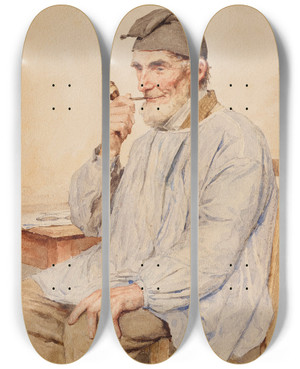 Triptych art skateboard deck of Albert Anker Sitzender Bauer Mit Pfeife by Albert Anker (1831-1910)