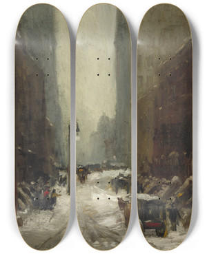 Triptych art skateboard deck of Robert Henri Snow In New York by Robert Henri (1865-1929)