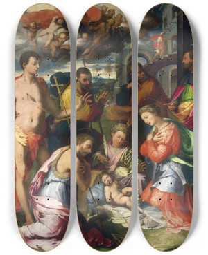 Triptych art skateboard deck of Perino Del Vaga The Nativity by Perino Del Vaga (1500-1547)