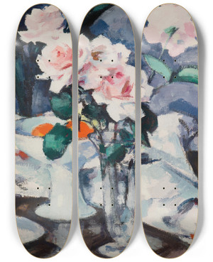 Triptych art skateboard deck of Samuel John Peploe Pink Roses In A Glass Vase_1 by Samuel John Peploe (1871-1935)
