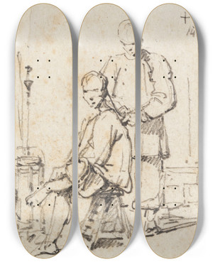 Triptych art skateboard deck of George Chinnery A Chinese Barber by George Chinnery (1774-1852)