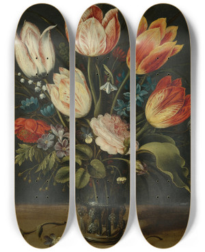 Triptych art skateboard deck of Andries Daniels Still Lifeof Tulips And Otherflowers In A Glass Vase by Andries Daniels (1581-1642)