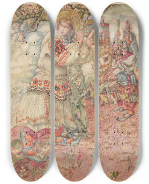 Triptych art skateboard deck of Noel Nisbet They Came To The Place Where He Had Left Her by Noel Nisbet (1887-1956)