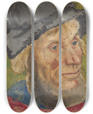 Triptych art skateboard deck of Lucas Cranach The Elder Head Of A Peasant by Lucas Cranach The Elder (1472-1553)
